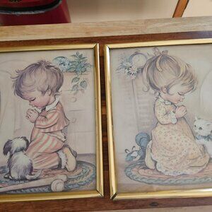 vintage framed coby prints boy and girl praying 1960s 10x8